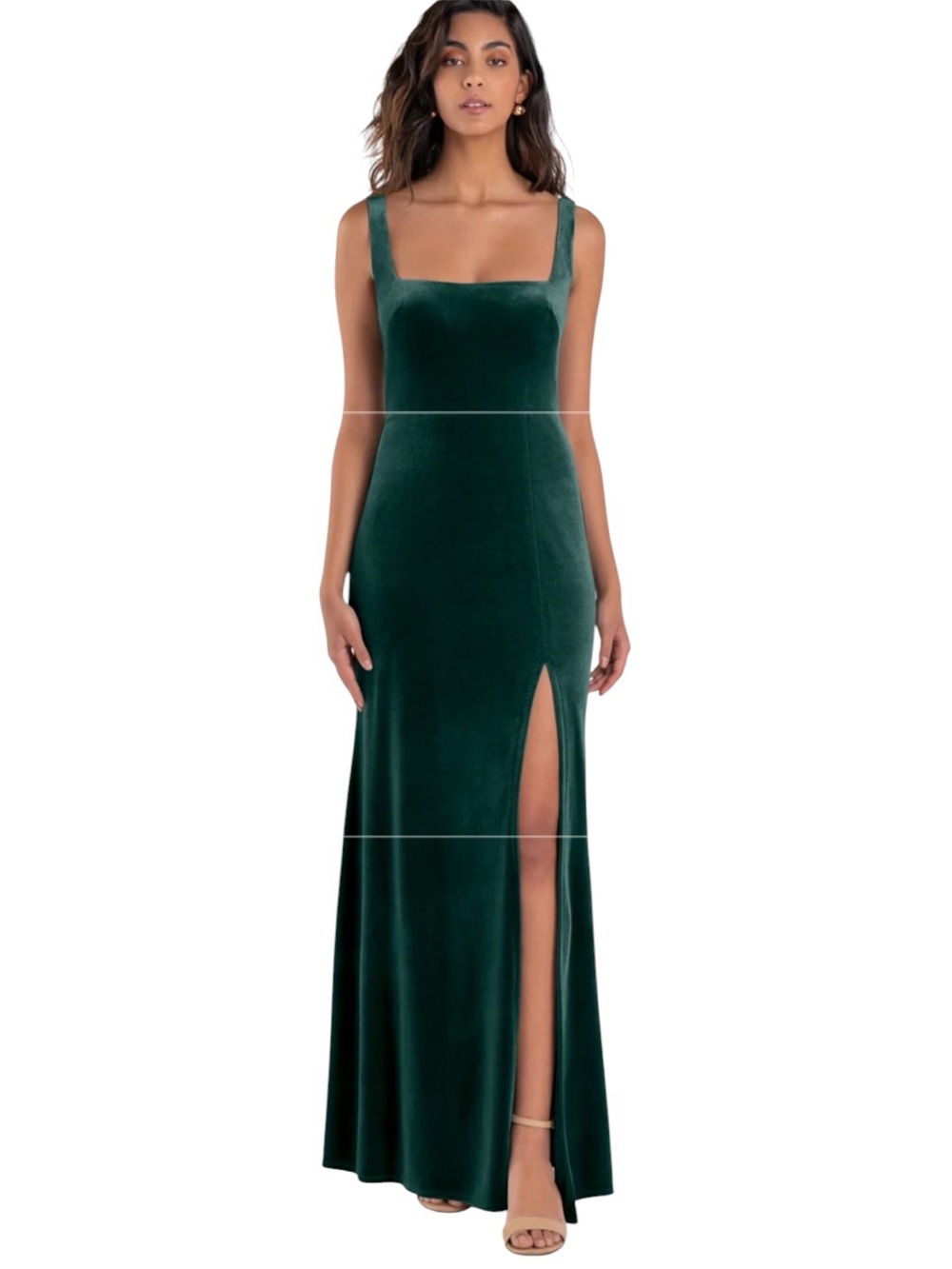 Jenny Yoo Mara Emerald Green‎ Stretch Velvet Square Neckline Formal Gown Size 10